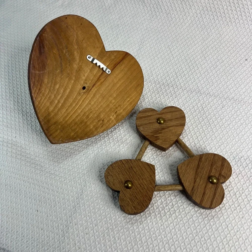 Vintage Wood Heart Wall Hook Peg and Triple Heart Trivet Set Rustic Farmhouse